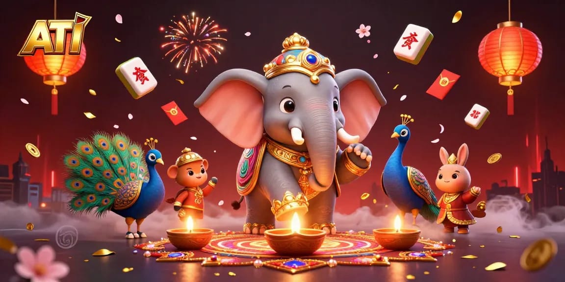 Experience ATI's vibrant casino magic with a Diwali-themed elephant and peacock amidst floating game elements.