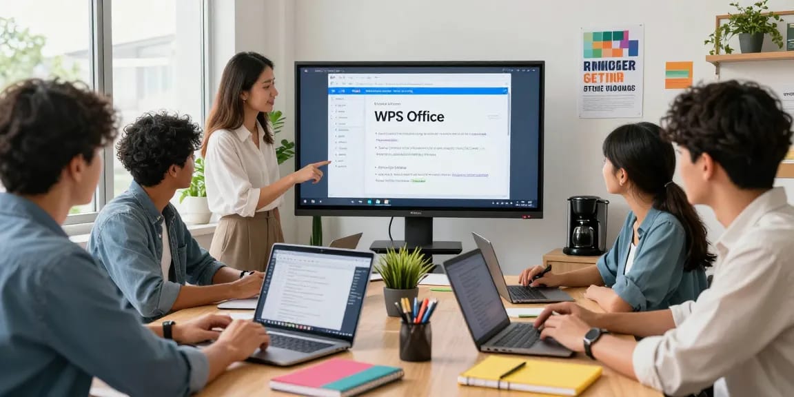 Team using WPS下载 in a modern office setup with collaborative tools.