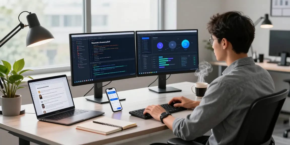快连 network acceleration software in a modern workspace with dual monitors and a collaborative setting.