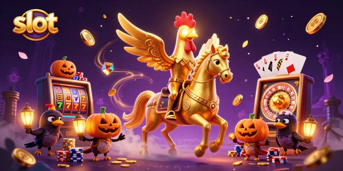 Menang jackpot slot sambil dikelilingi koin emas dan karakter unik di kasino malam.