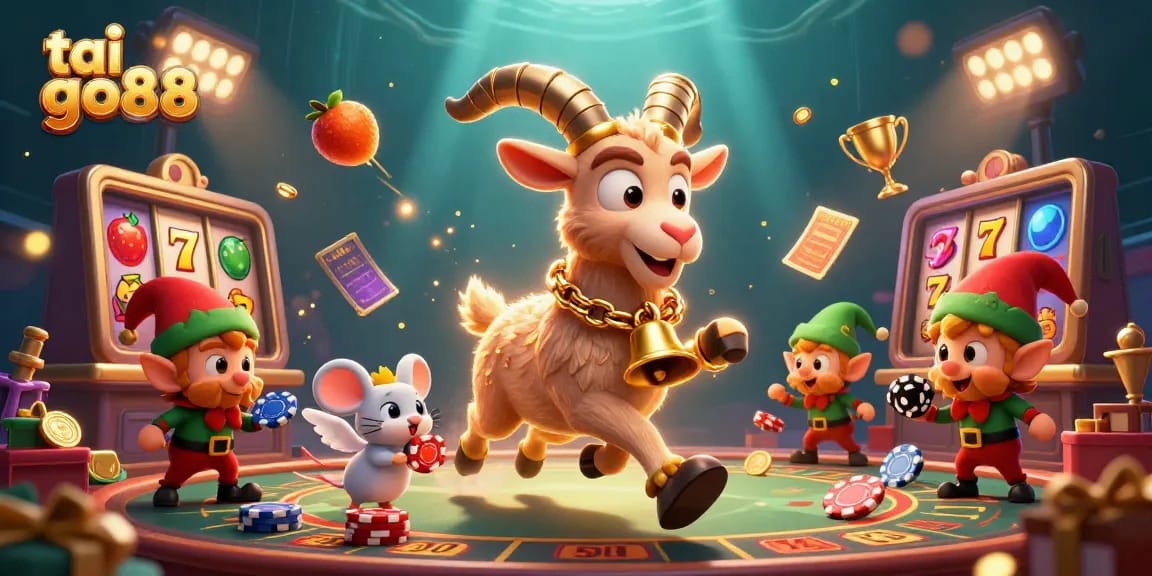 Engage in exciting gaming at tai go88 while a festive Krampus goat oversees the action-packed casino scene.
