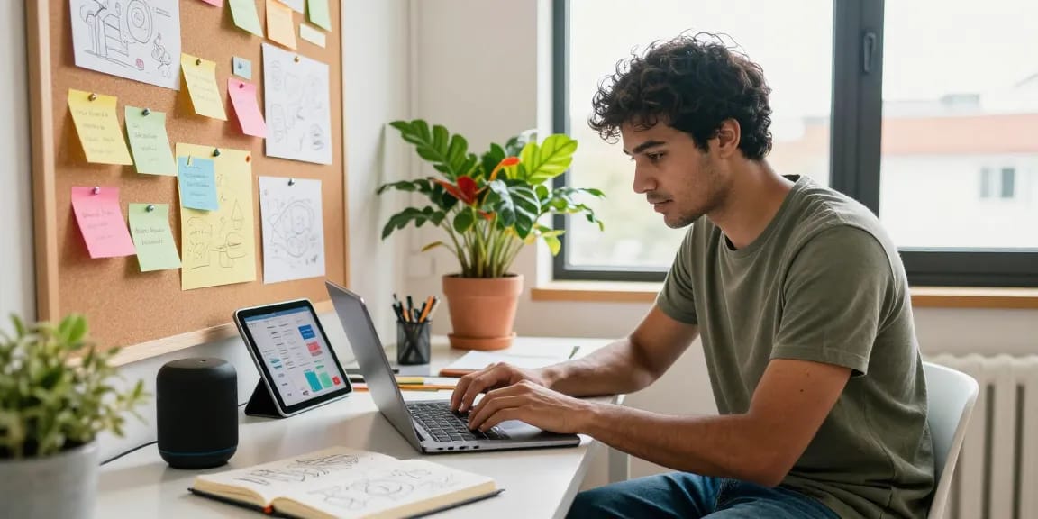 Youthful entrepreneur at workspace focused on raja 328 business ideas with colorful notes and creative tools.