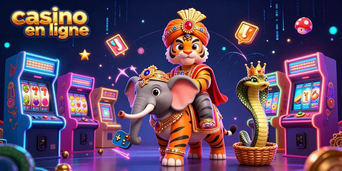Découvrez une action de jeu vibrante avec une scène colorée de casino en ligne mettant en vedette un maharaja mystique et des jeux.