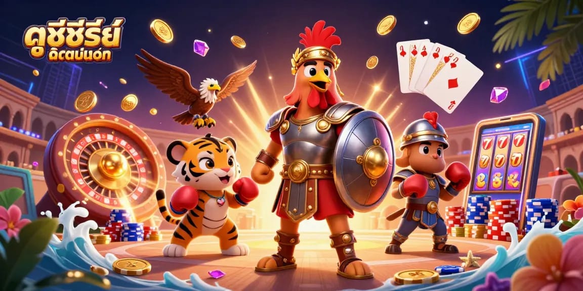 Engage in ดูซีรี่ย์ออนไลน์ through a lively gambling-themed 3D illustration showcasing vibrant action and casino elements.