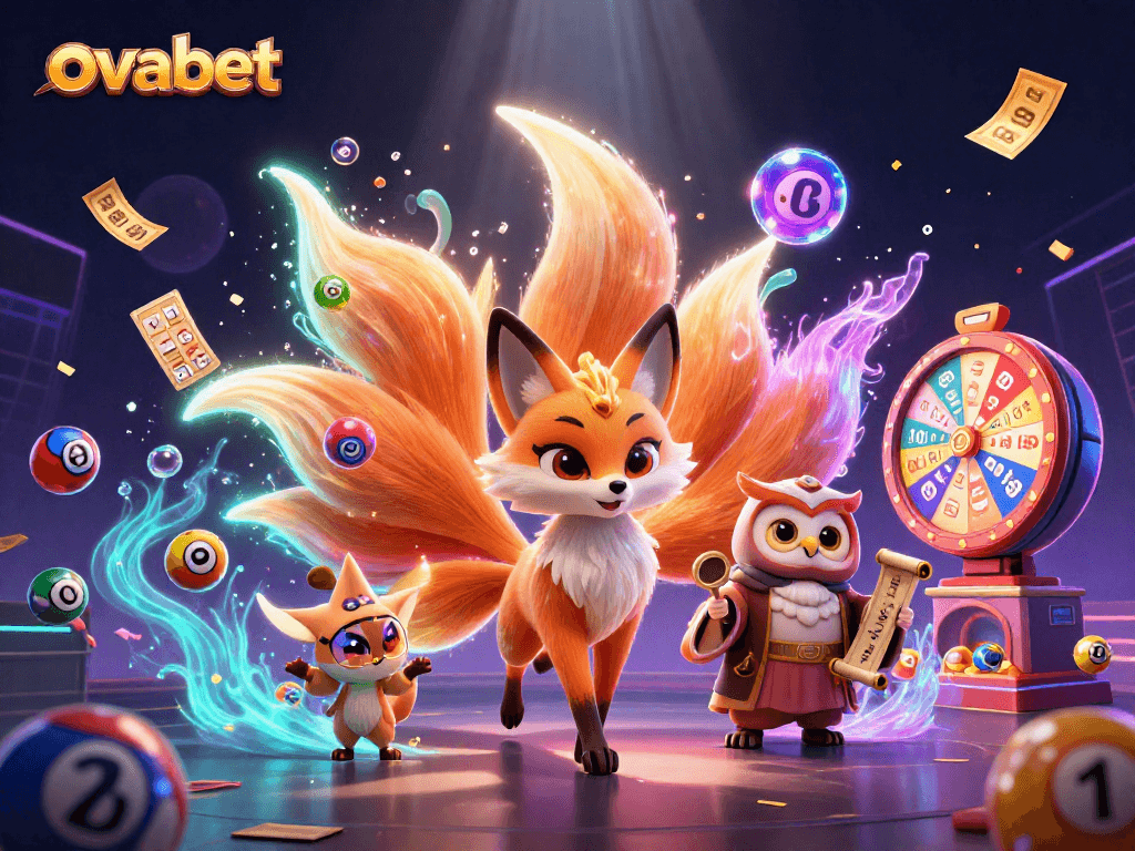 Engage with ovabet's vibrant casino world featuring lottery elements and a mystical nine-tailed fox.