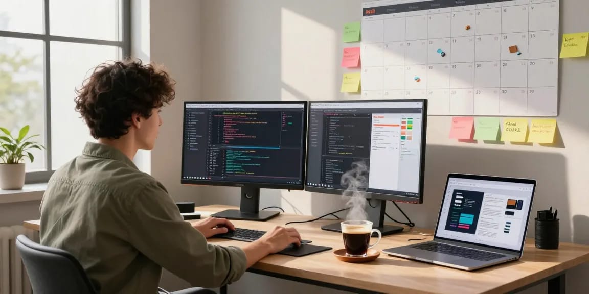 Software developer at a digital workspace, showcasing coding projects and creativity for teiegramin.com.