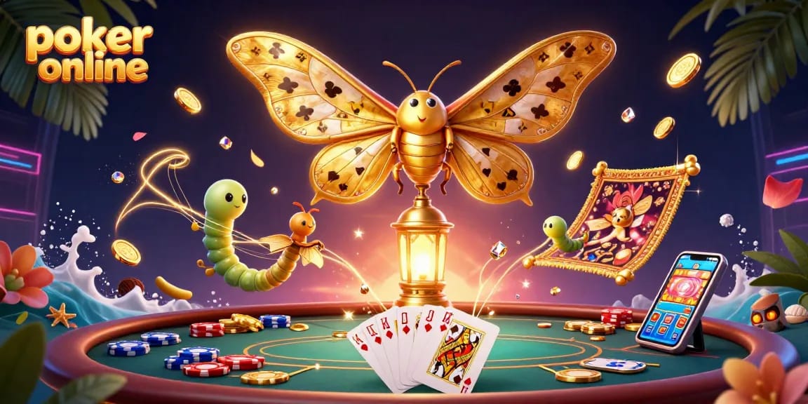 Jouez au poker en ligne avec une illustration de scène spectaculaire représentant un papillon et des éléments de casino
