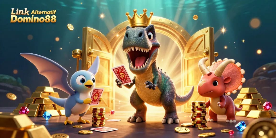 Engage with Link Alternatif Domino88 featuring fun characters in a dynamic casino scene with festive elements.
