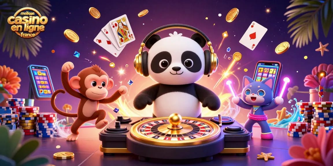 Visuel vibrant du meilleur casino en ligne France avec un panda DJ et des personnages animés dans une ambiance festive.