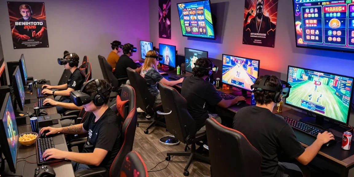 Exciting Benihtoto 2026 gaming lounge scene with diverse gamers engaged in thrilling activities, showcasing cutting-edge gaming technology.