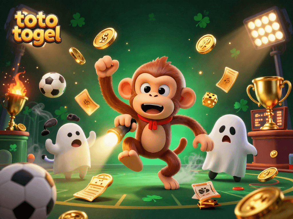 Engage with toto togel in this vibrant 3D casino scene featuring playful elements of sports betting and gold.