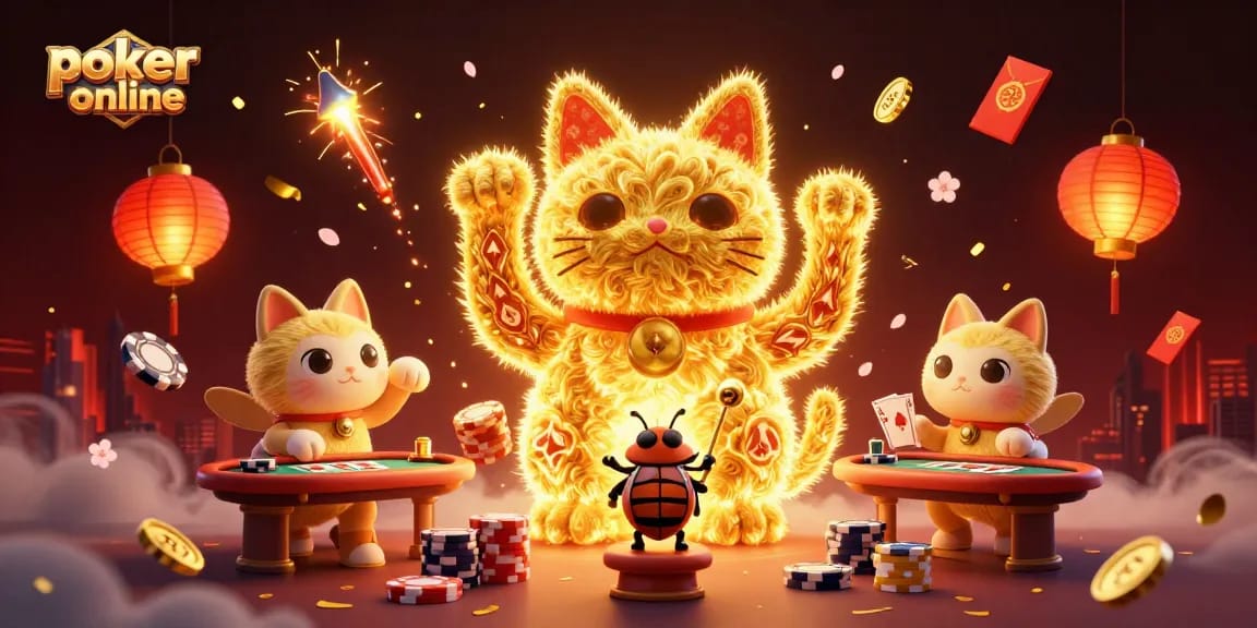 Jouez au poker en ligne avec ce chat porte-bonheur animé entouré de jetons et de symboles chanceux.