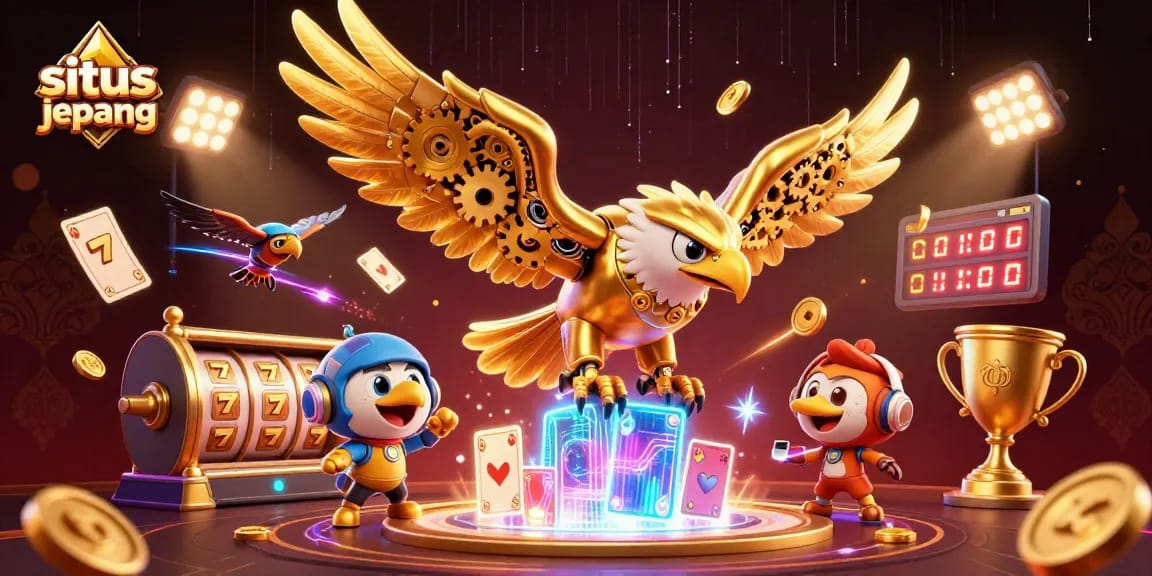 Experience the excitement of situs slot jepang with vibrant illustrations of slot reels, players engaging with games, and golden trophies