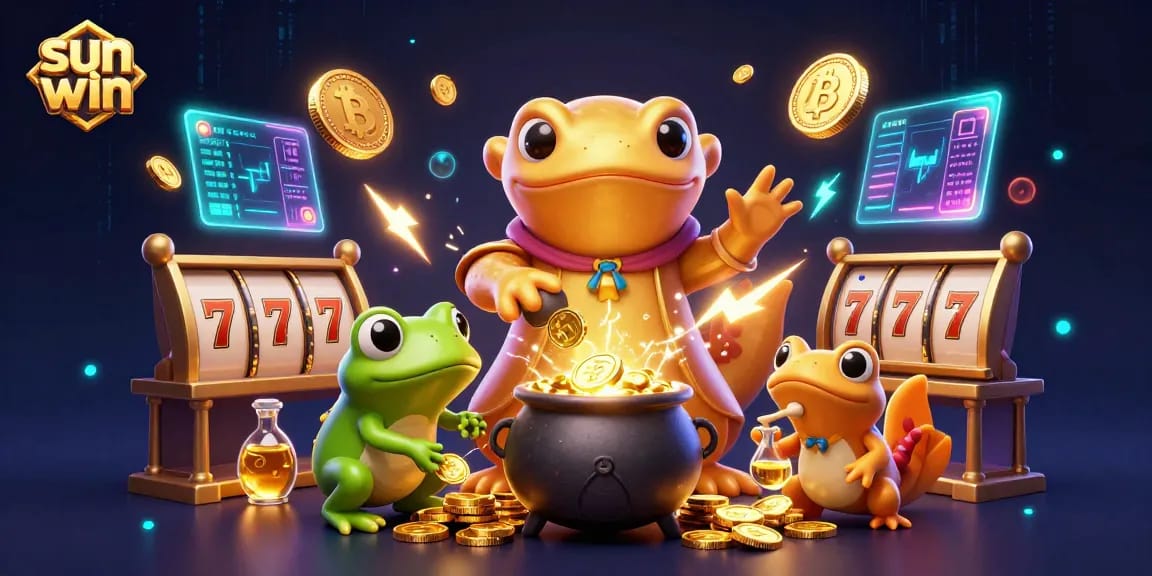 Experience sun win's thrilling casino action with gold coins and vibrant game elements in a magical laboratory.