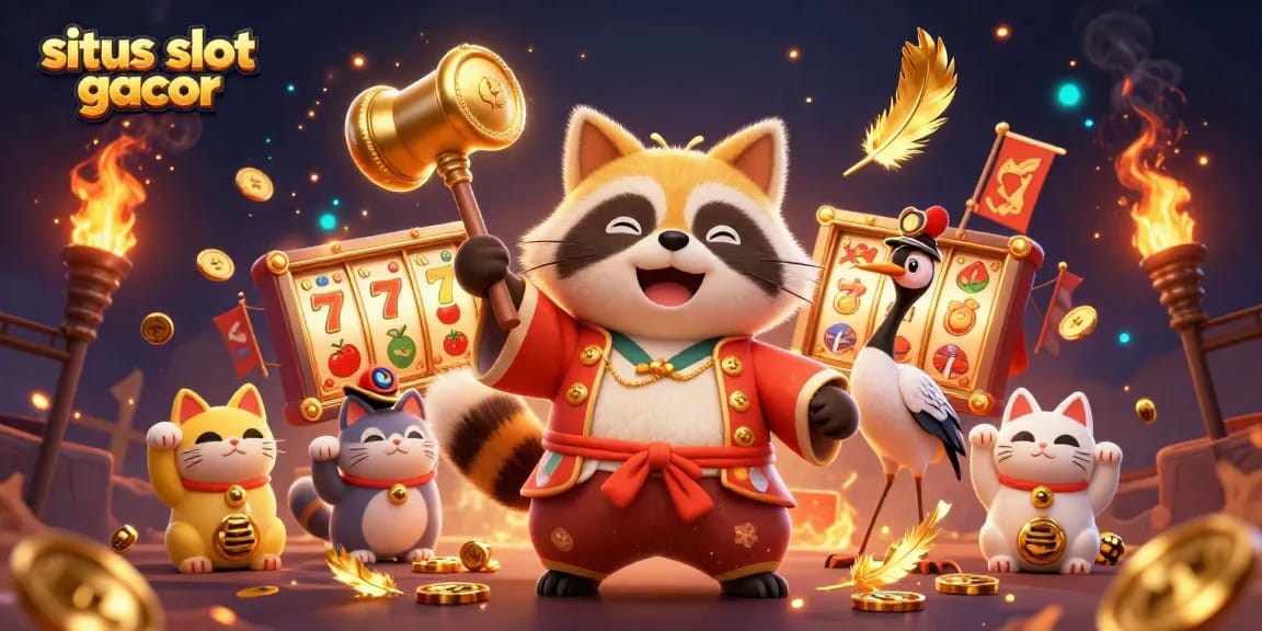 Situs slot gacor menampilkan tanuki berbahagia dengan rekan crane dan kucing maneki-neko, dikelilingi elemen slot dan koin emas.
