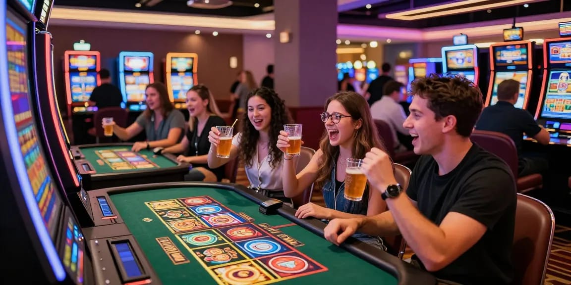 Group celebrating a win at bandar slot machines in a lively casino atmosphere.