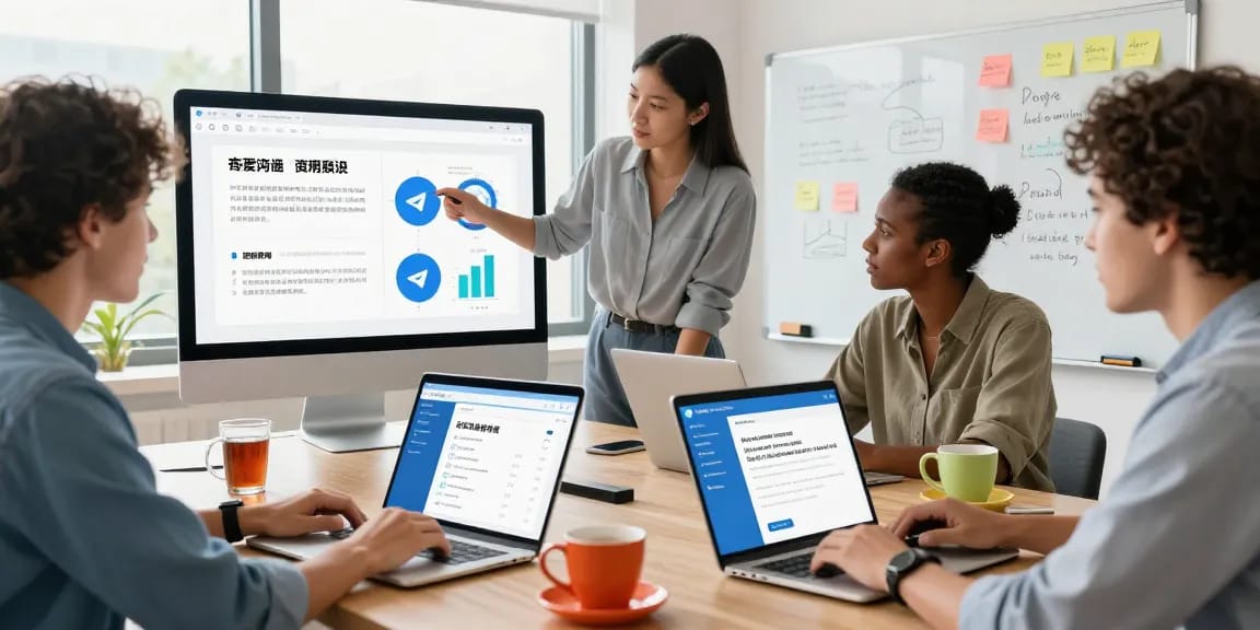 Explore essential telegram chinese tips in a dynamic workspace with a diverse team collaborating on effective communication strategies.