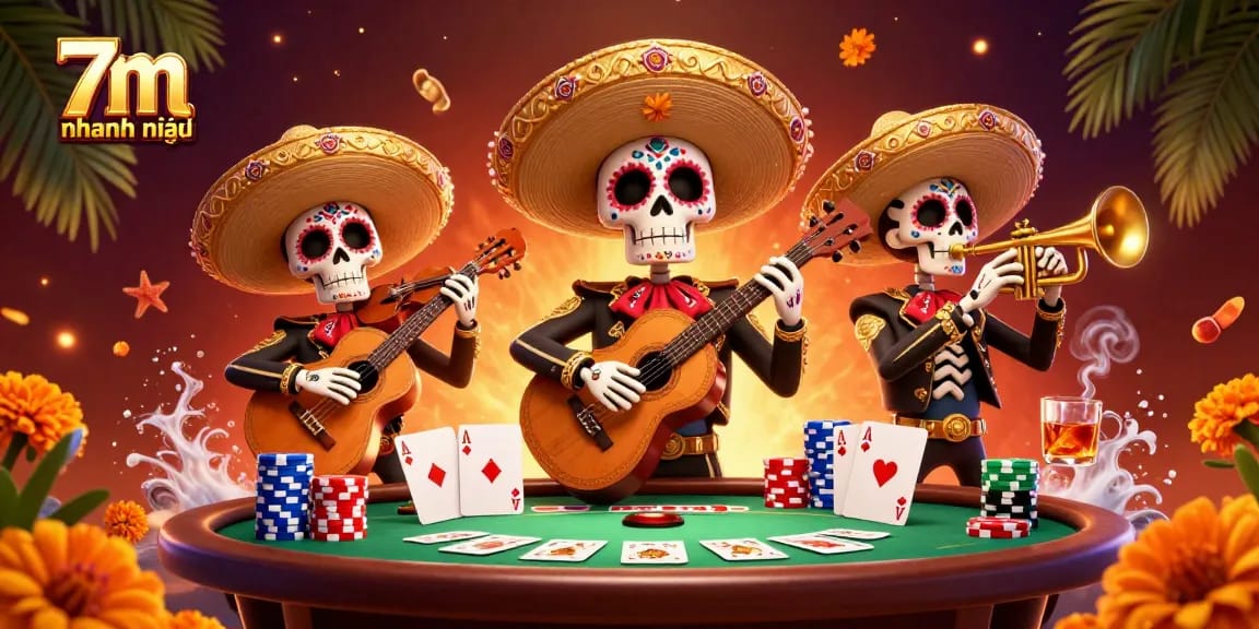 Watch the vibrant 7m nhanh nhất scene with skeleton mariachi band and poker excitement.