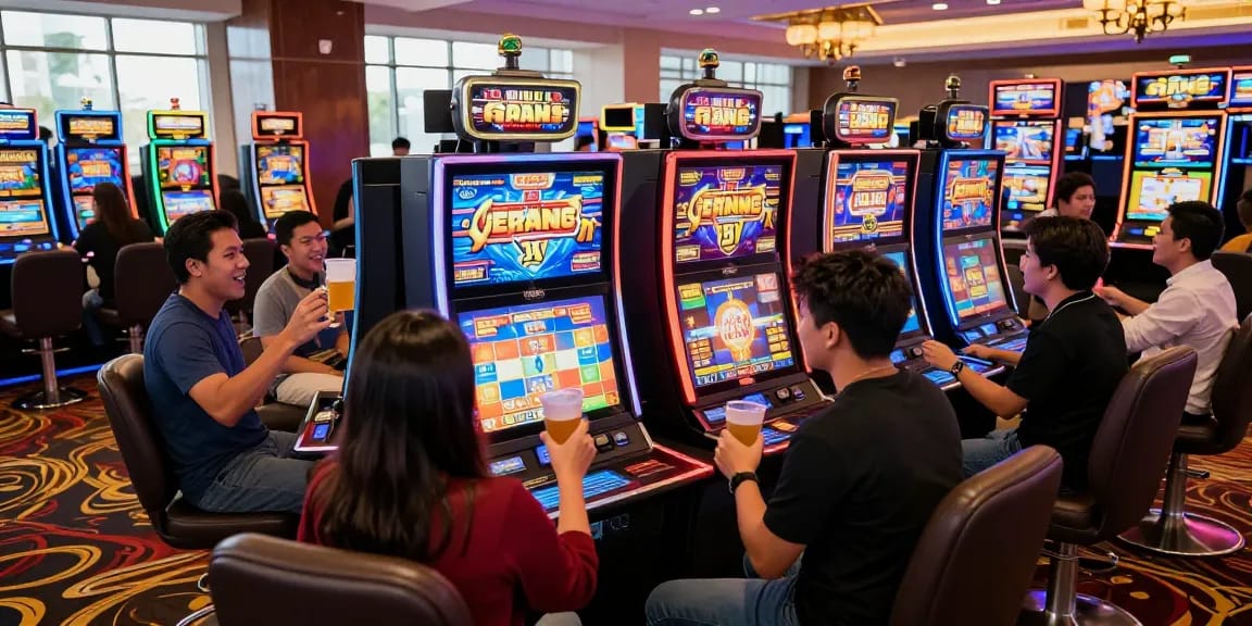 Pengunjung bersenang-senang bermain slot gacor di kasino dengan mesin berwarna-warni, suasana meriah, dan kemenangan kecil.