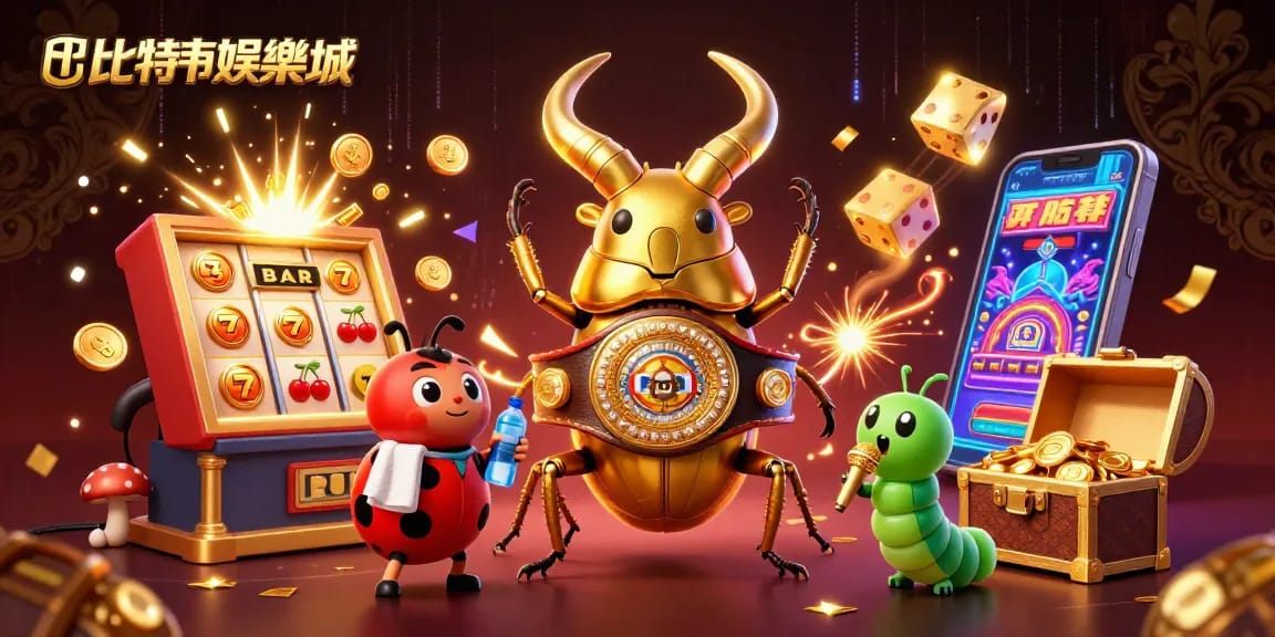 體驗比特幣娛樂城的刺激，巨型金甲蟲與老虎機激烈對抗，畫面生動熱鬧。