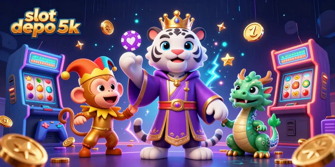 Experience thrilling gameplay with "slot depo 5k" in an ultra-detailed casino scene, featuring vibrant characters and elements.