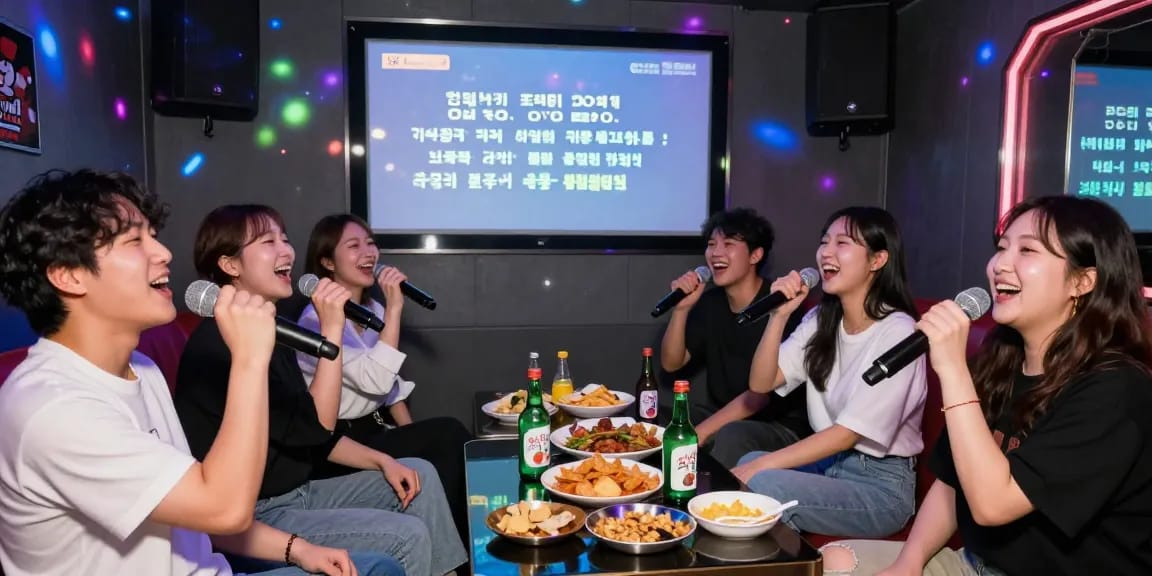 Enjoying 강남노래방 karaoke night with friends, singing and laughter in vibrant atmosphere.