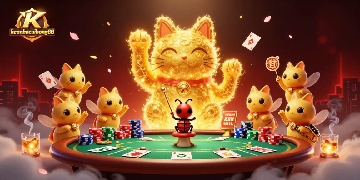 Join the celebration of fortune with keonhacaibong88's vibrant casino scene featuring lucky symbols and energetic gameplay.