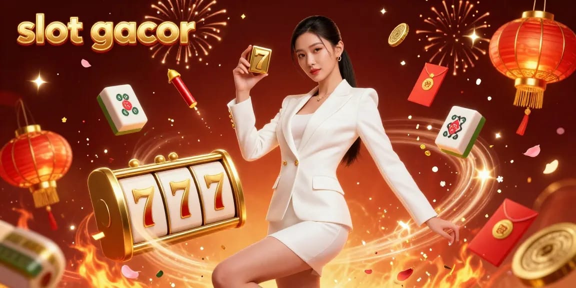 Experience slot gacor action with a confident woman posing in a vibrant luxury casino scene.
