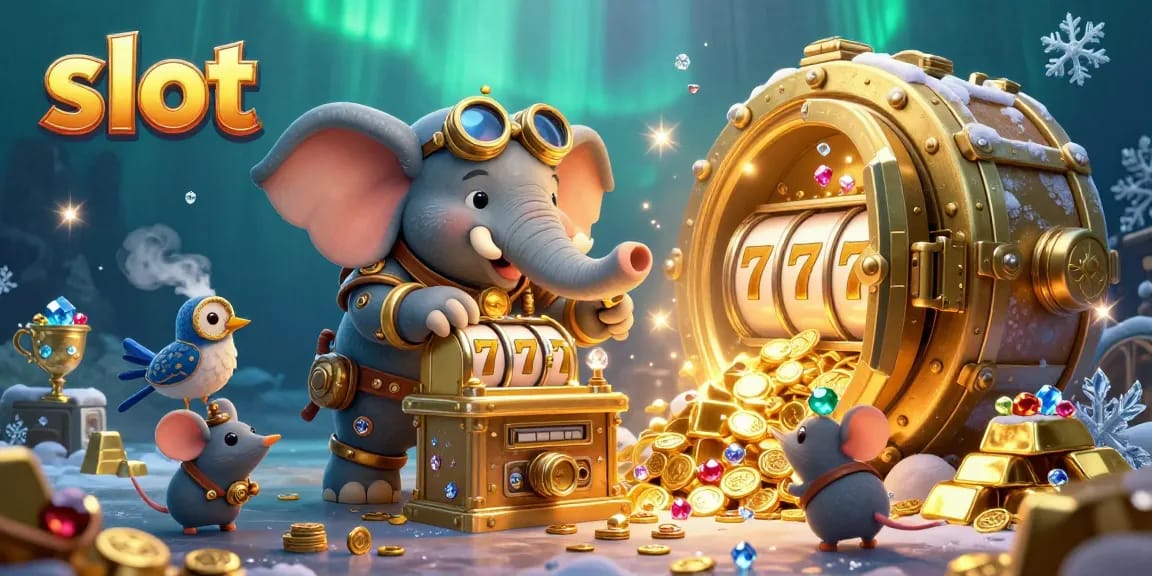 Engage with the exciting slot adventure featuring a steampunk elephant engineer operating a golden slot machine.