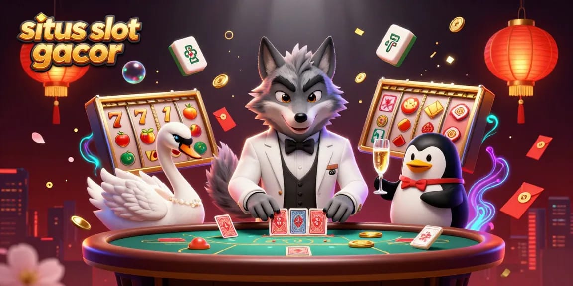 Play and win big at situs slot gacor with vibrant 3D illustration of casino characters and elements.