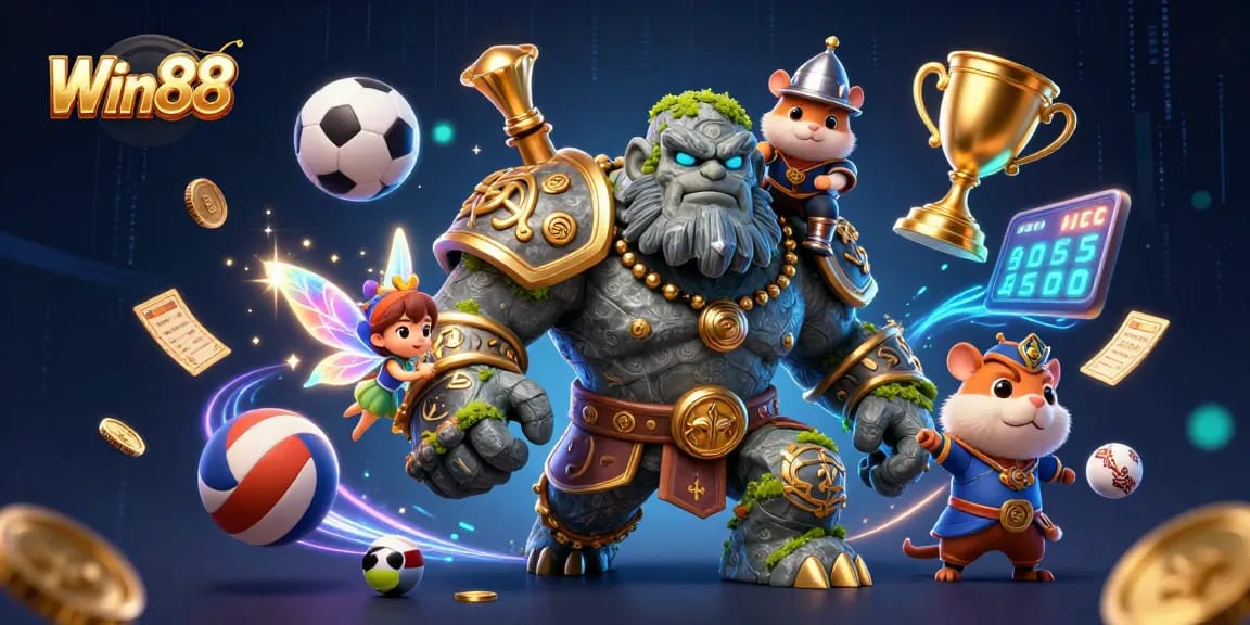 Win88 sports-themed illustration with a magical stone golem, fairy, and hamster knight.
