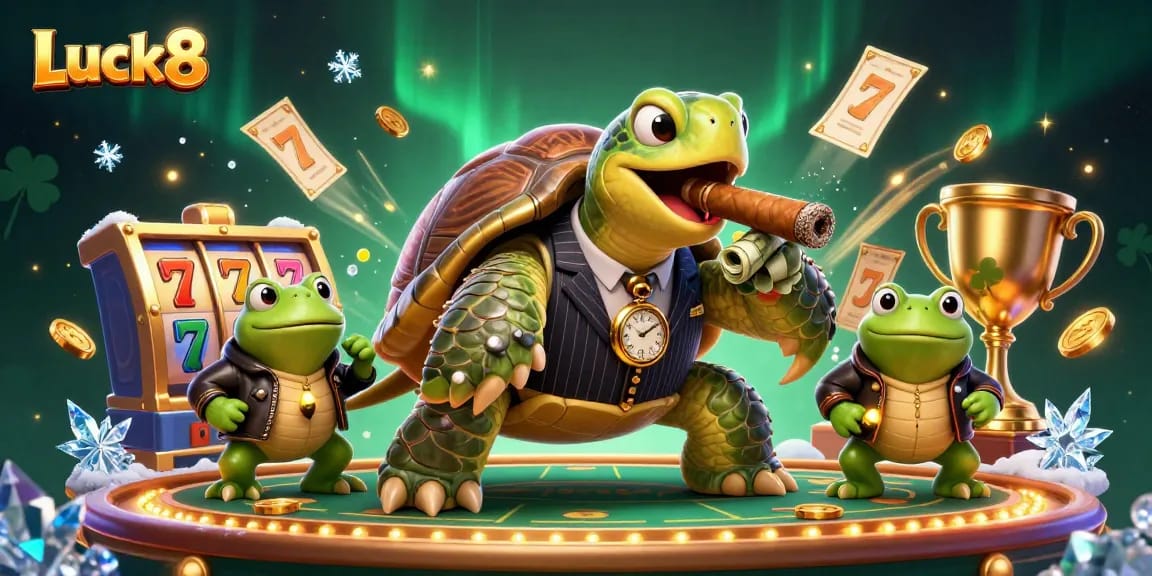 Experience the excitement of Luck8 with a vibrant casino-themed scene featuring a snapping turtle, bullfrog enforcers, and slot elements.
