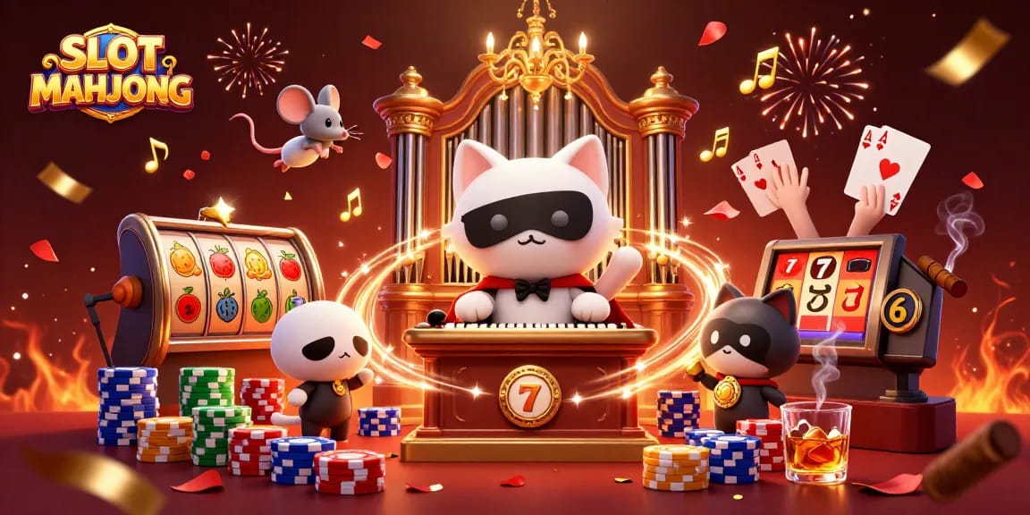 SLOT MAHJONG illustration featuring a playful cat at a casino organ with vibrant gaming elements