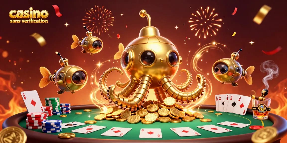 Célébrez le jeu dans un casino sans vérification, avec des poissons mécaniques et un kraken doré au milieu des jetons de poker.