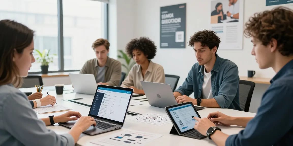 Team collaborating on an age verification system in a modern office setting.