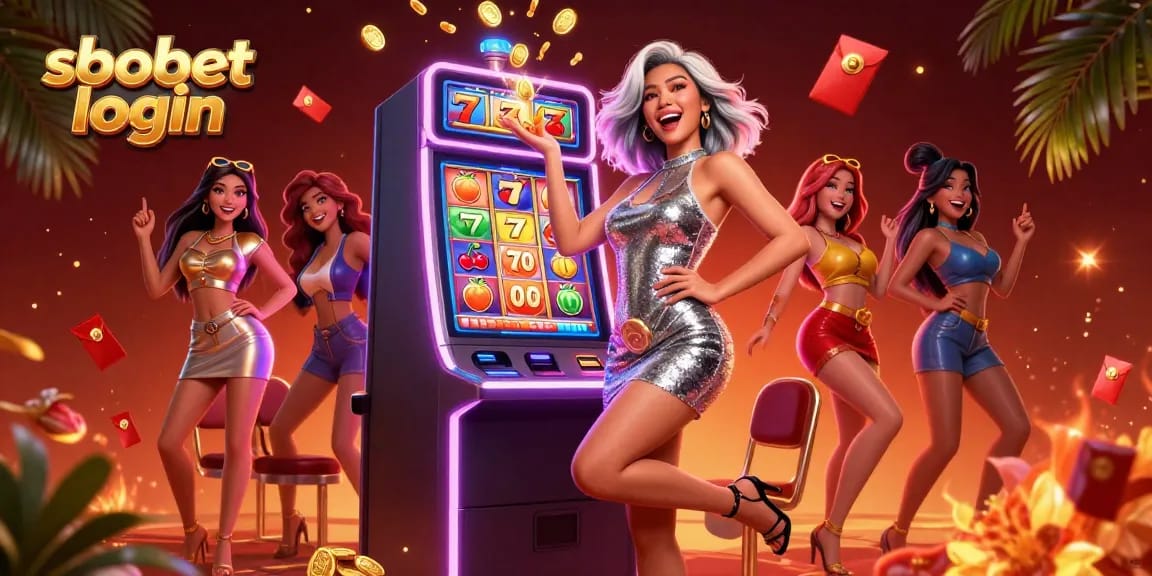 Experience sbobet login excitement with a celebratory woman at a winning slot machine.