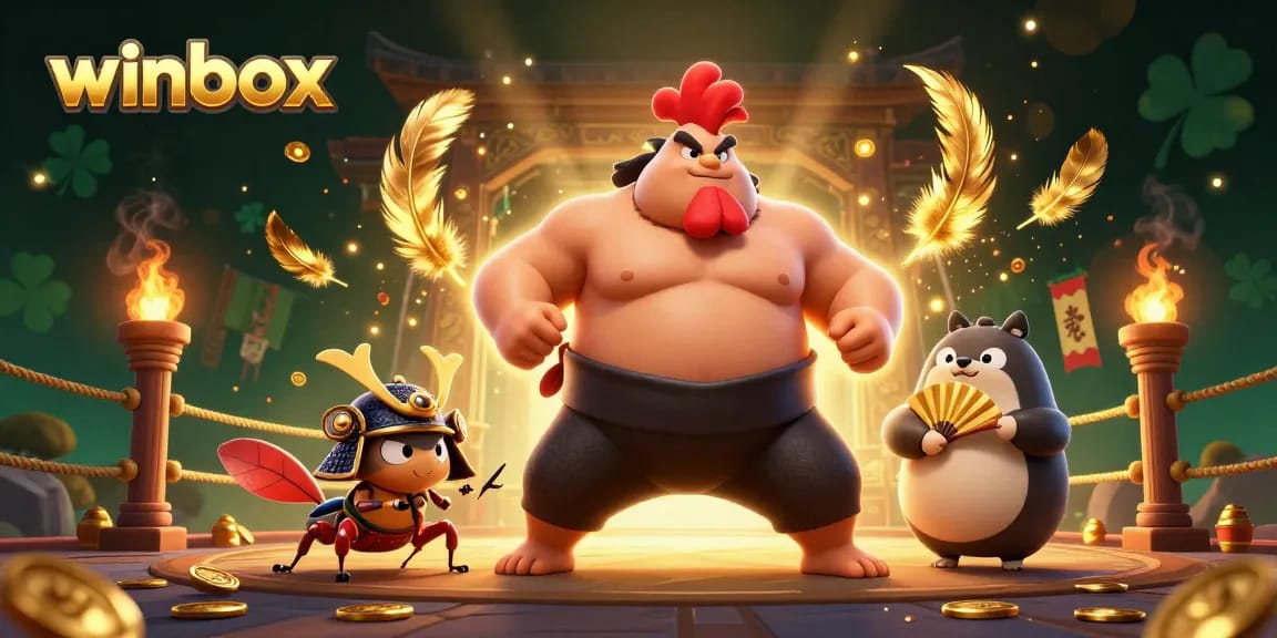 Engage in thrilling gameplay at Winbox with vibrant illustrations of epic battles and exciting casino elements.