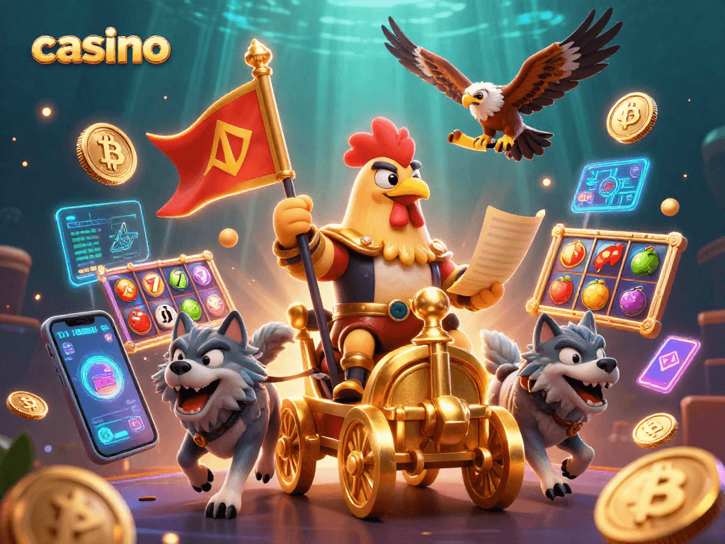 Engage in thrilling casino adventures with a warlord rooster leading a chariot, amidst vibrant gaming elements.