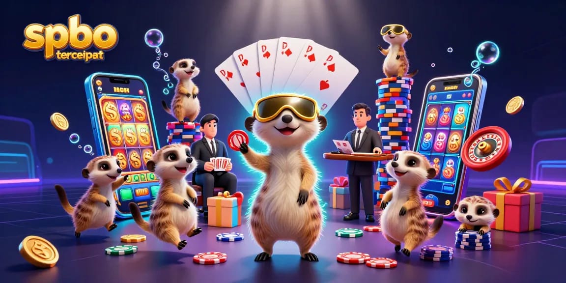 Visualize spbo tercepat with meerkats managing a dynamic casino and gaming scene