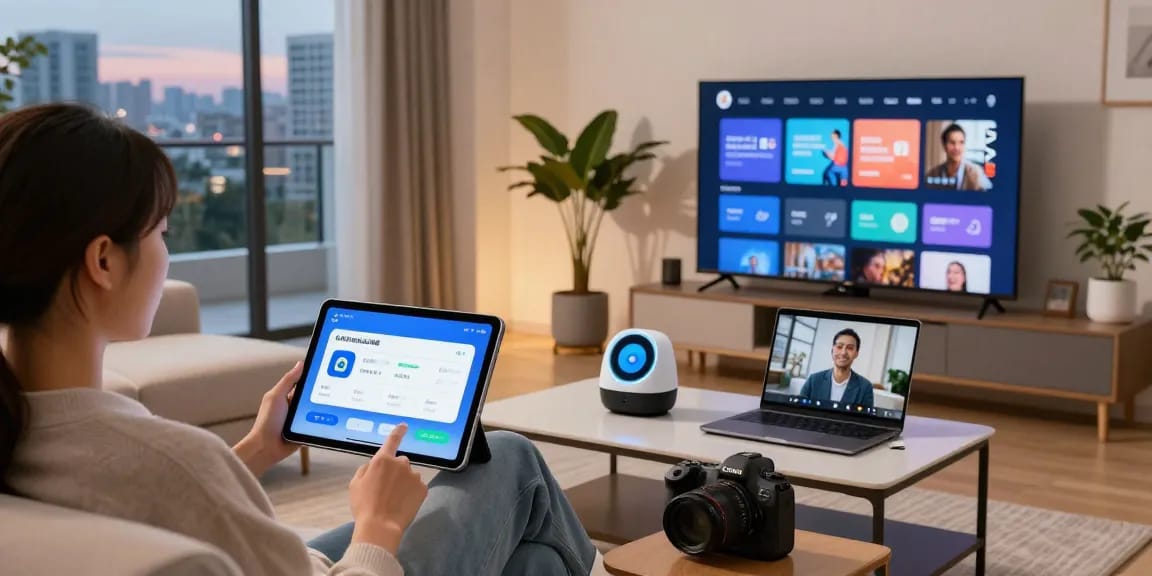 快连 network acceleration service showcased in a cozy living room with multiple devices.