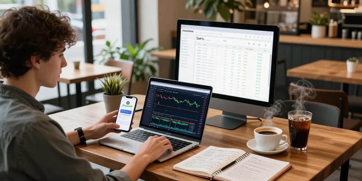 Cricbet99 trading setup with cryptocurrency charts and DeFi dashboard in a coffee shop environment, showcasing modern fintech workspace and active engagement with digital wallets.