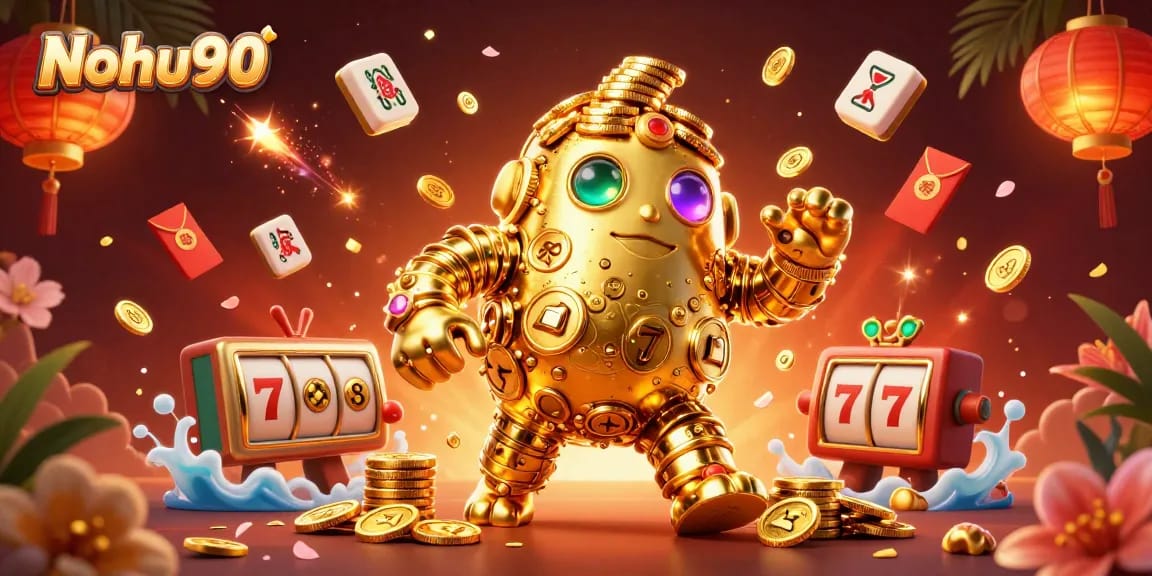 Nohu90 offers thrilling slot experiences featuring a shimmering golden golem amid festive casino elements.