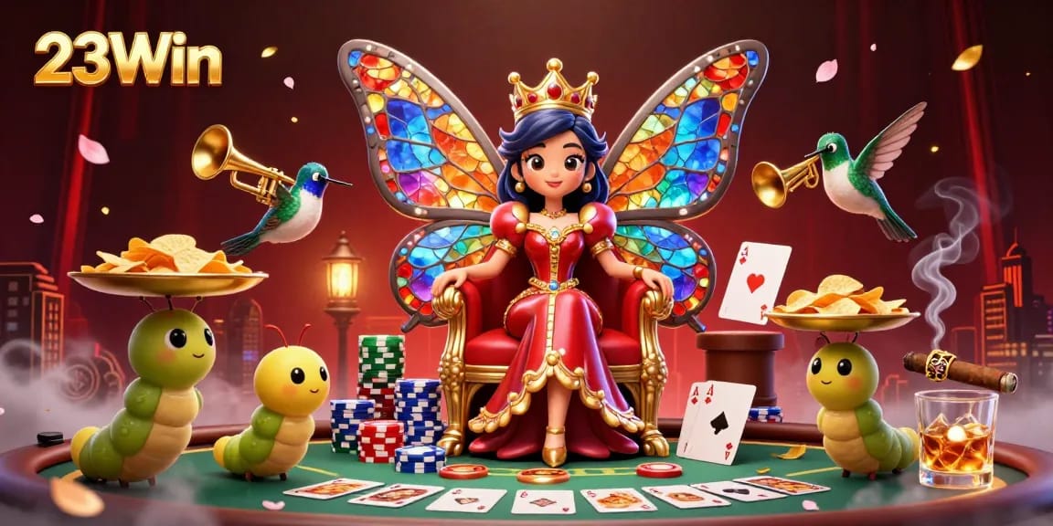 Play poker with 23Win's vibrant characters and golden casino elements in a magical scene.