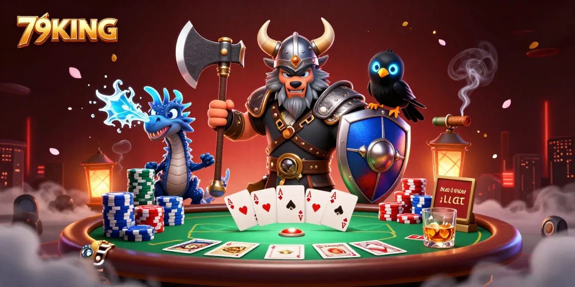 Engage in dazzling action at 79KING with a Viking warrior, dragon, and poker chips in a thrilling casino scene.
