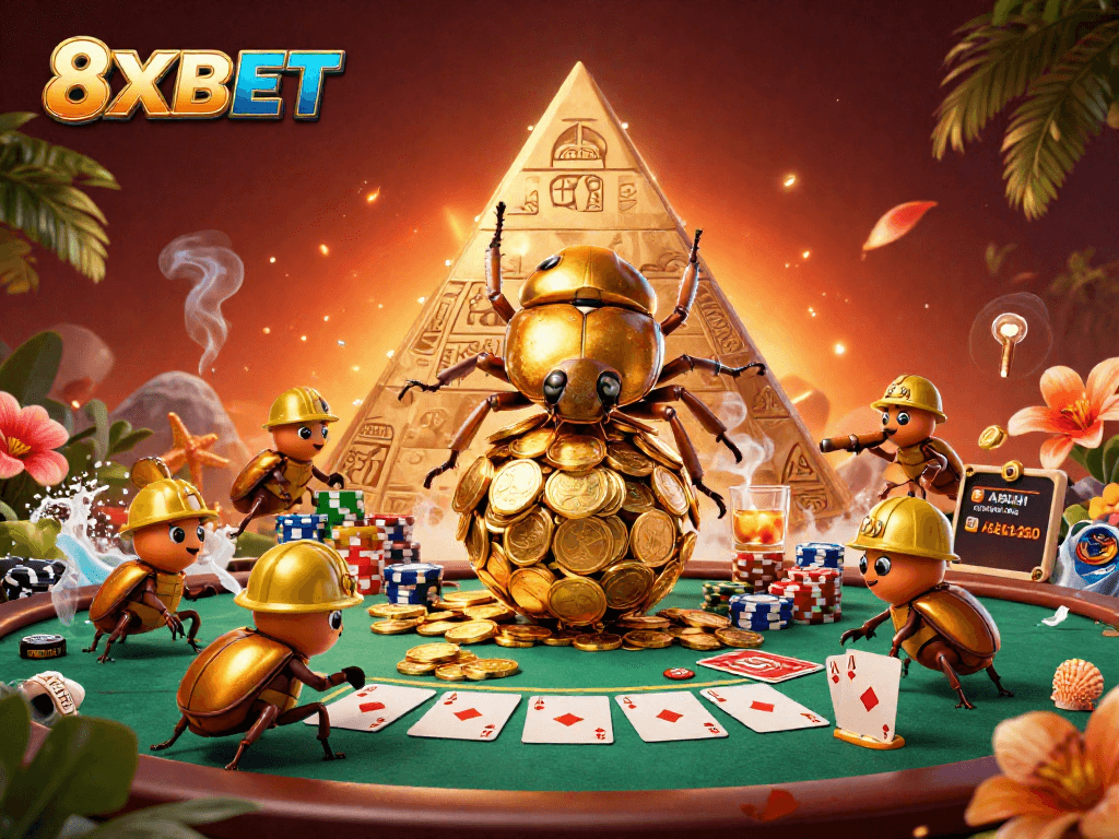 Engage in thrilling gambling adventures with 8XBET's golden coin treasures and vibrant casino elements.