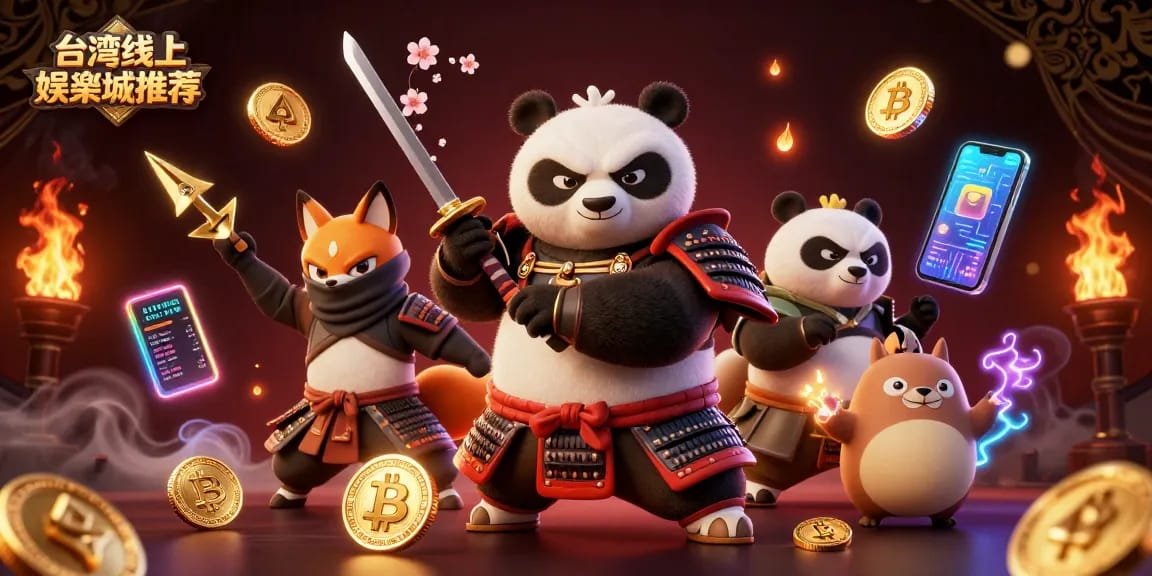在台灣線上娛樂城推薦中獨特的3D卡通插畫，展現勇猛的武士熊貓與忍者狐狸並肩而立。