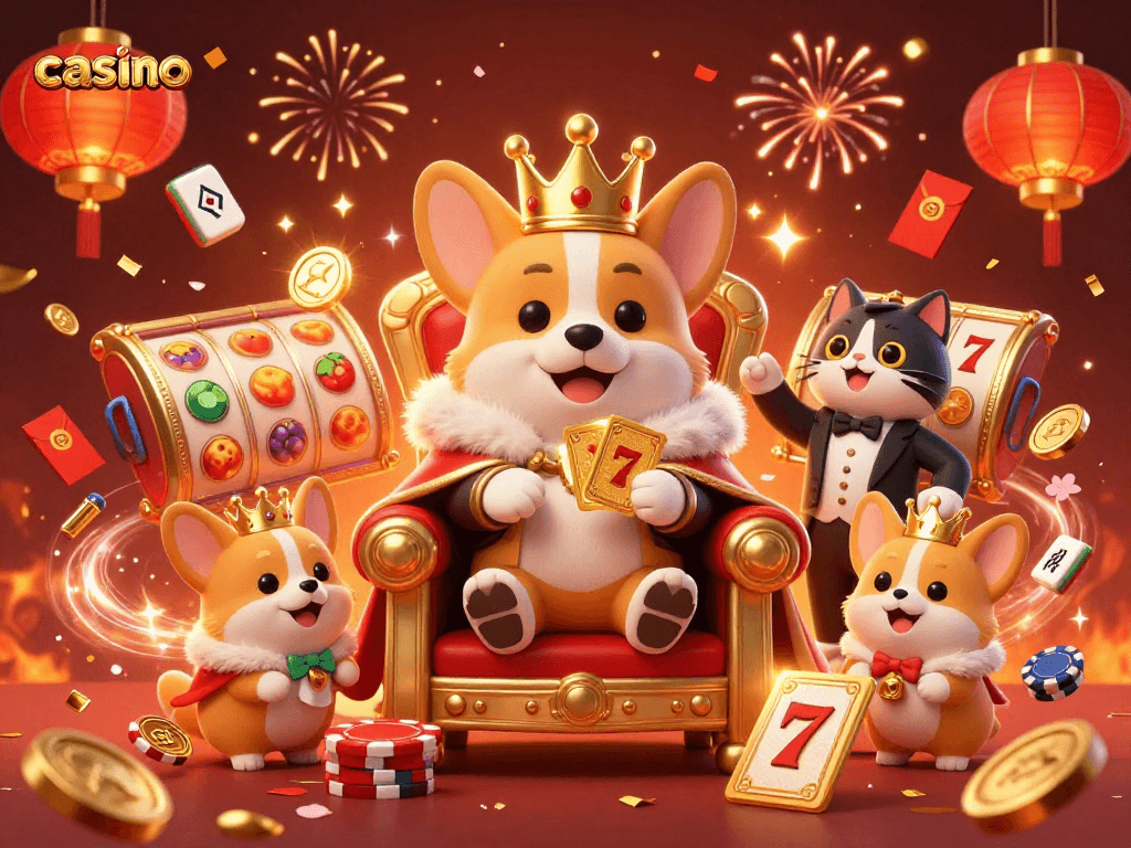 Engaging casino scene featuring a royal corgi in a golden crown among slot reels and vibrant elements.