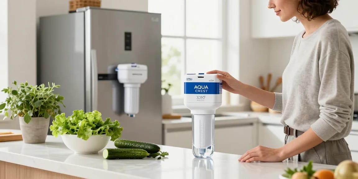 AQUA CREST XWF Refrigerator Water Filter showcased in a modern kitchen with fresh ingredients, promoting clean water for health.