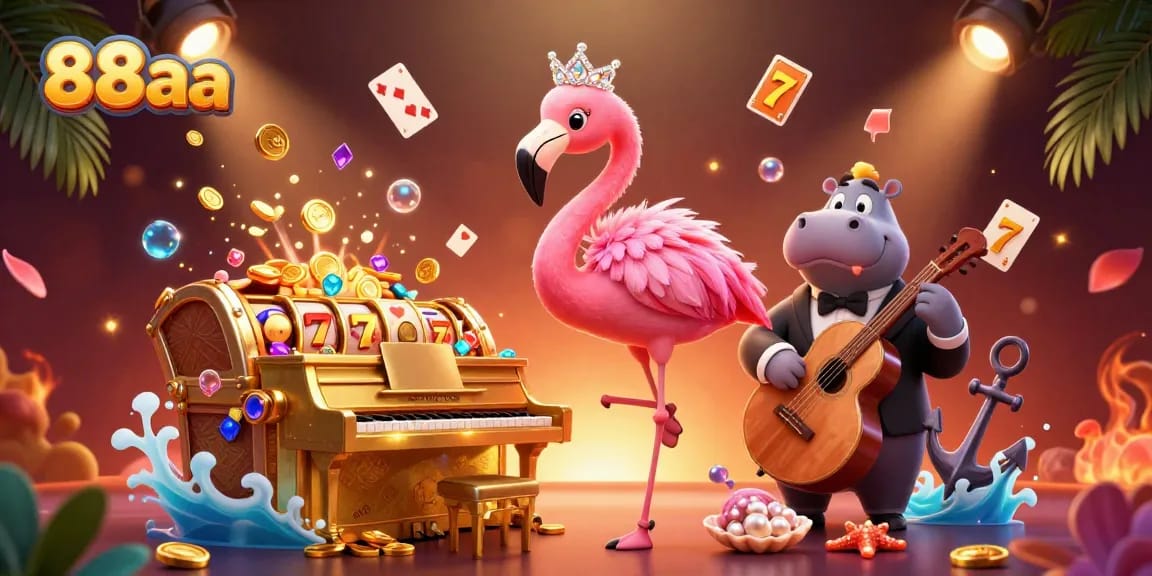 Engage with 88aa's lively casino scene featuring a flamingo singer and hippo bassist amidst gold coins.