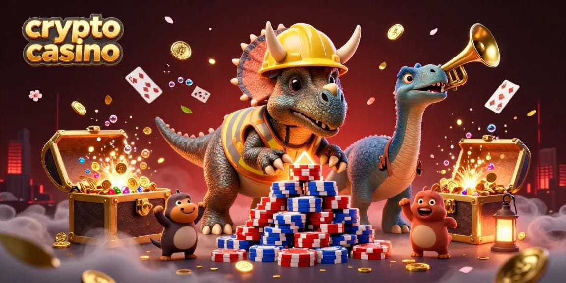 Jouer au casino crypto avec un triceratops construisant une pyramide de jetons de poker